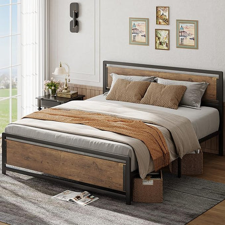 Metal Platform Bed with Wooden Headboard with Rivet