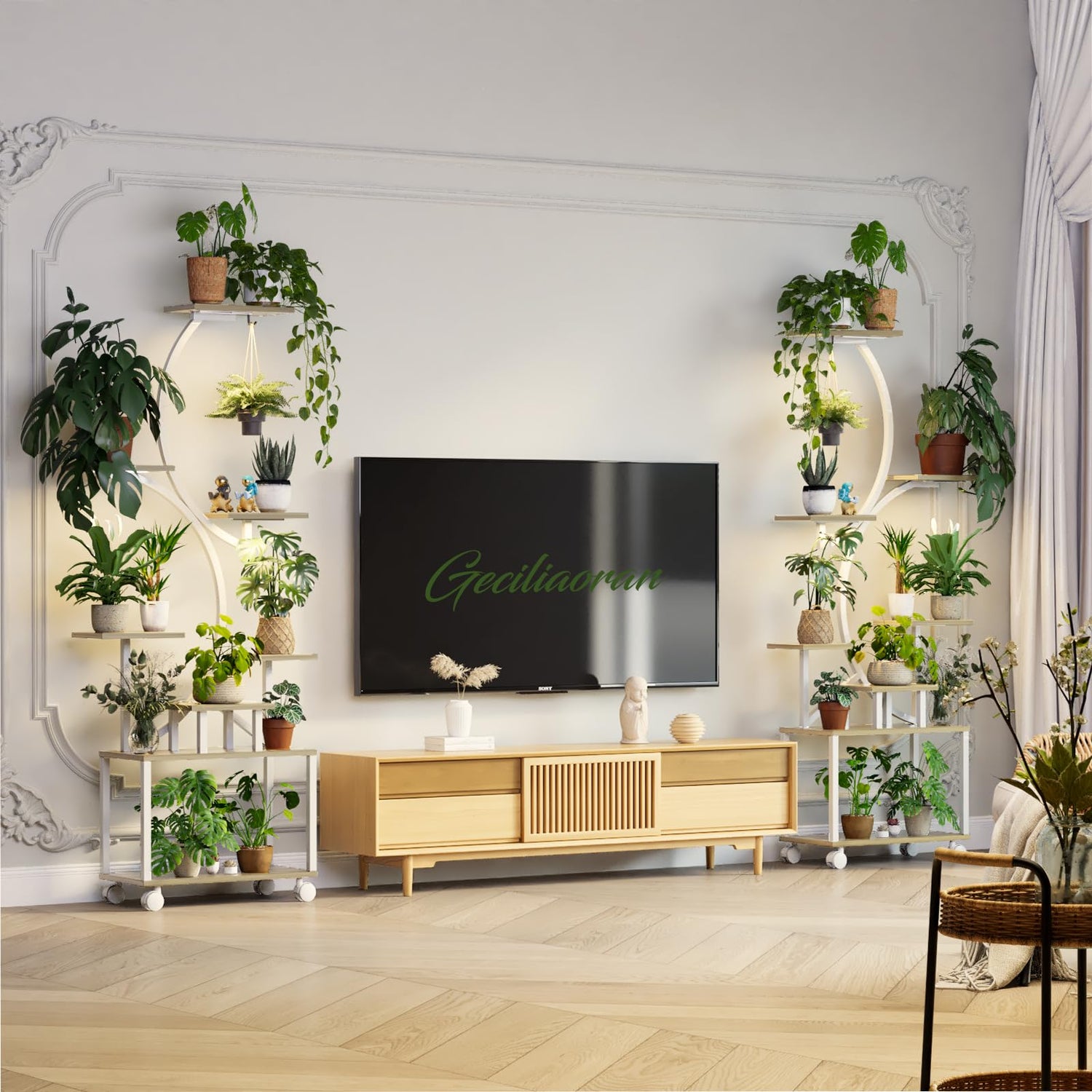 Rolling plant stand with wheels and wooden shelves