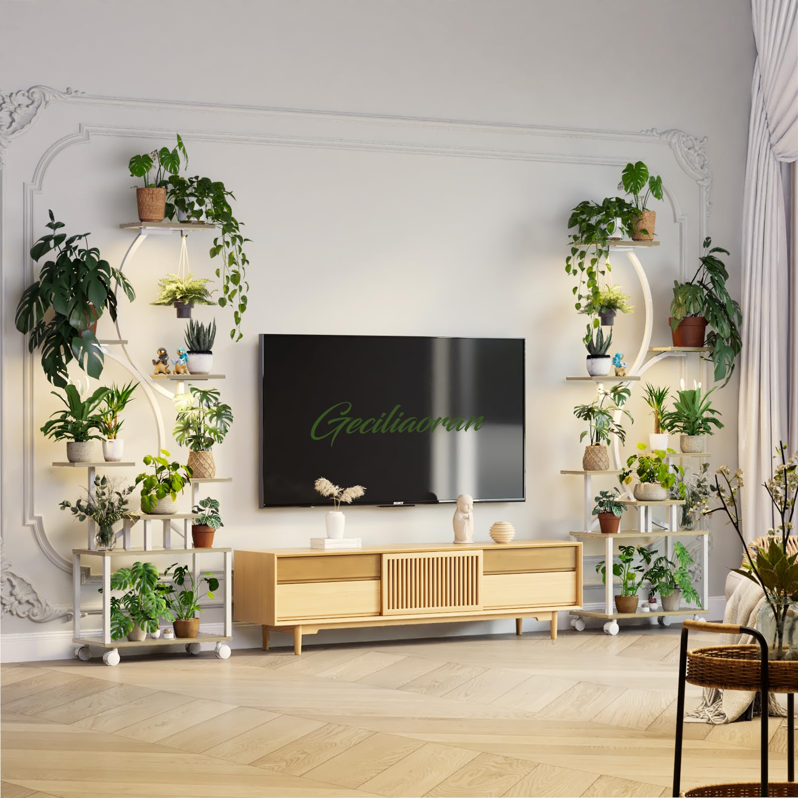 Rolling plant stand with wheels and wooden shelves