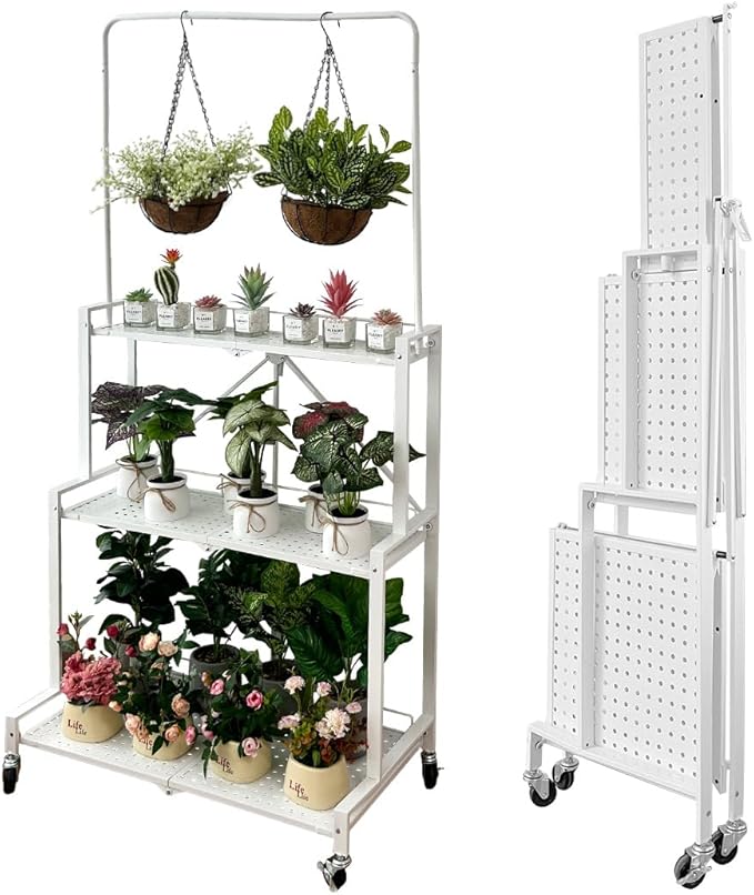 White Rolling tiered plant rack with storage for home & patio