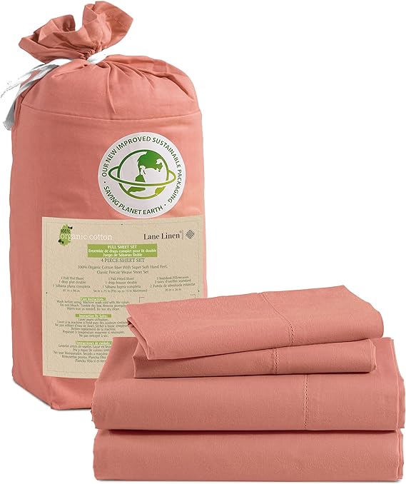 100% Organic Cotton Pure White Full Sheets Set 4-Piece Long Staple Percale Weave