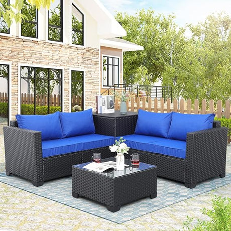 Outdoor PE Wicker Patio Furniture Set 4 Piece Black Rattan Sectional Sofa Conversation