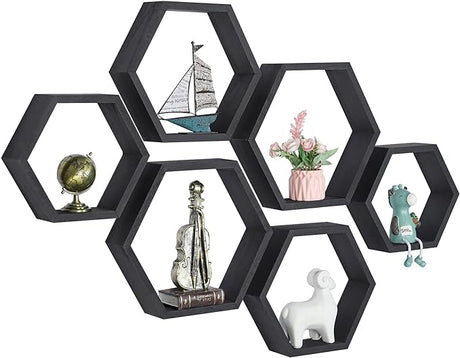 Hexagonal Floating Shelves Wall Mounted Set of 6 Wood Farmhouse Storage Honeycomb