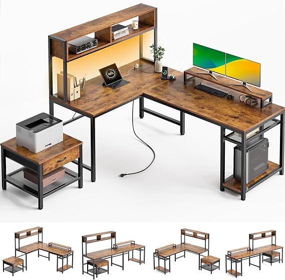 L-Shaped Computer Desk with Power Outlet & LED Strip, Reversible Corner Desk