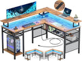 L Shaped Computer Desk, Reversible Corner Desk with Power Outlet and LED Strip