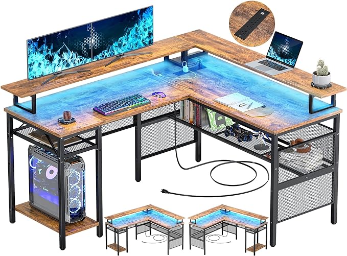 L Shaped Computer Desk, Reversible Corner Desk with Power Outlet and LED Strip