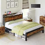 Queen Size Bed Frame, Platform Bed Frame with 2-Tier Storage Headboard and Charging
