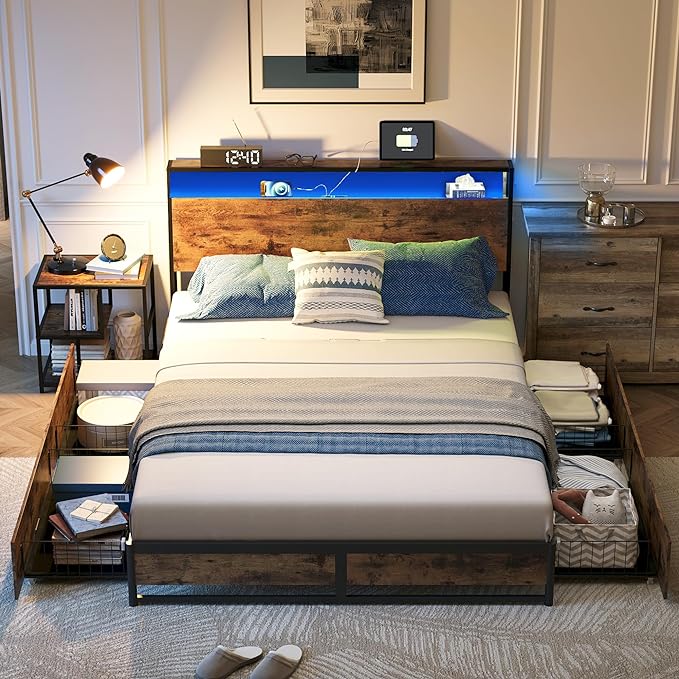 Queen Bed Frame with 4 Drawers & Headboard, Bed Frame with RGB Lights