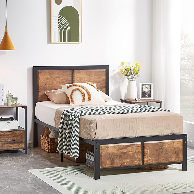 Twin Size Platform Bed Frame with Black Wood Headboard, Mattress Foundation