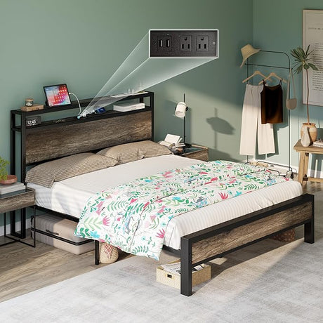 Queen Size Bed Frame, Platform Bed Frame with 2-Tier Storage Headboard and Charging