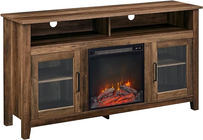 Glass Door Highboy Fireplace TV Stand for TVs up to 65