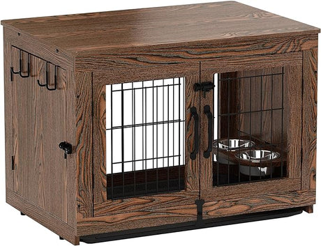 Wooden Dog Crate Furniture with 360°Rotatable Removable Dog Bowls, Dog Crate