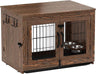 Wooden Dog Crate Furniture with 360°Rotatable Removable Dog Bowls, Dog Crate