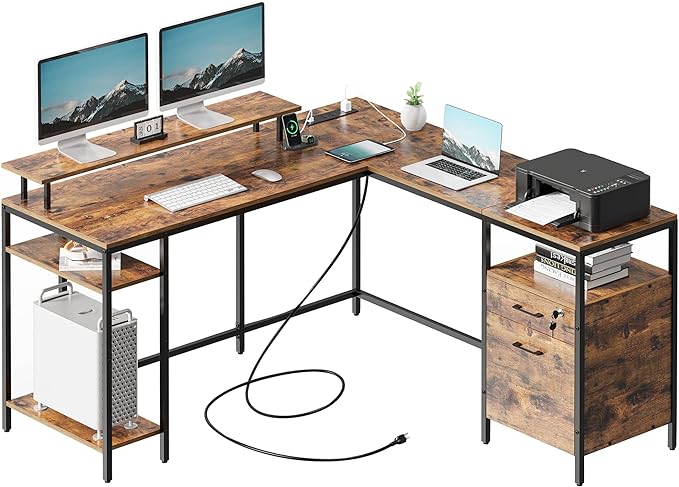 Reversible Computer Desk with Power Outlets & File Cabinet