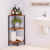 Rustic 3-tier industrial corner shelf with wood and metal frame