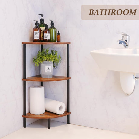 Rustic 3-tier industrial corner shelf with wood and metal frame
