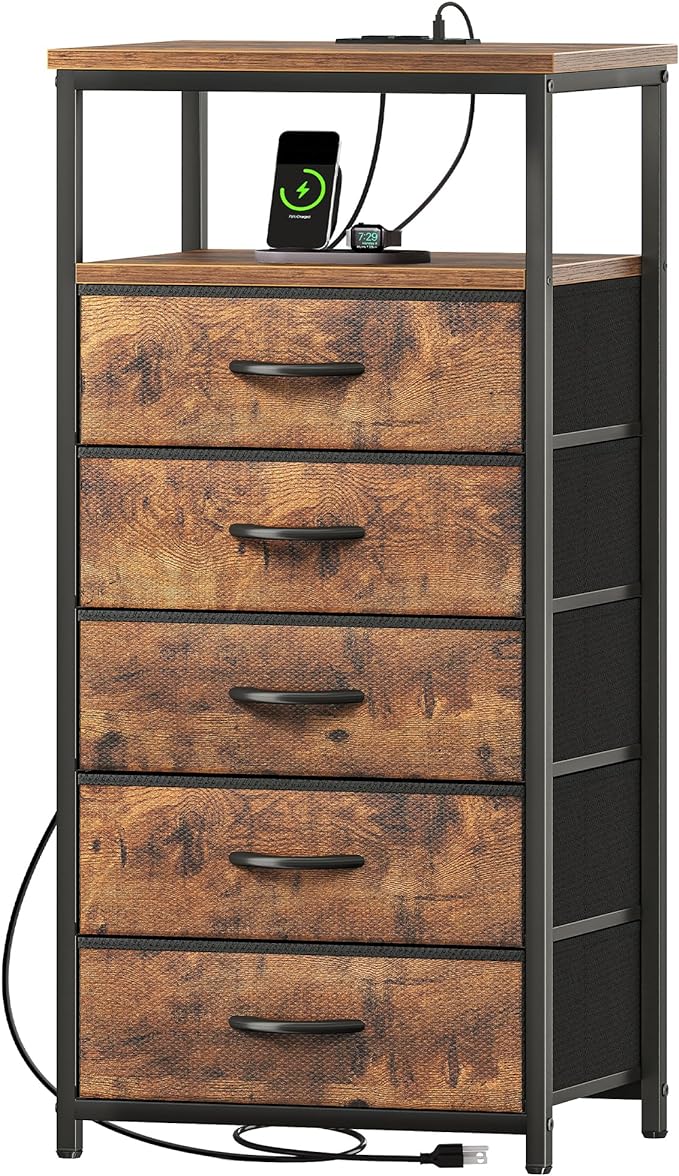 5 Drawers Dresser with Charging Station, Dresser for Bedroom, Tall Night Stand