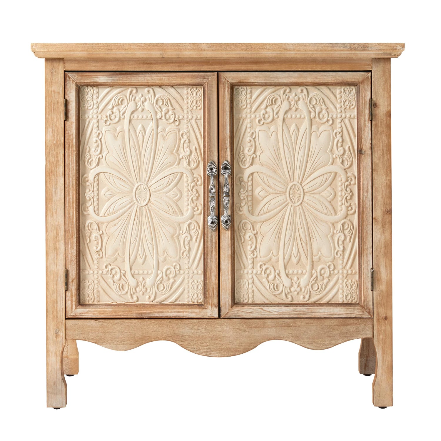 Rustic Flower Carved Cabinet – Front Closeup of Vintage Beige Doors