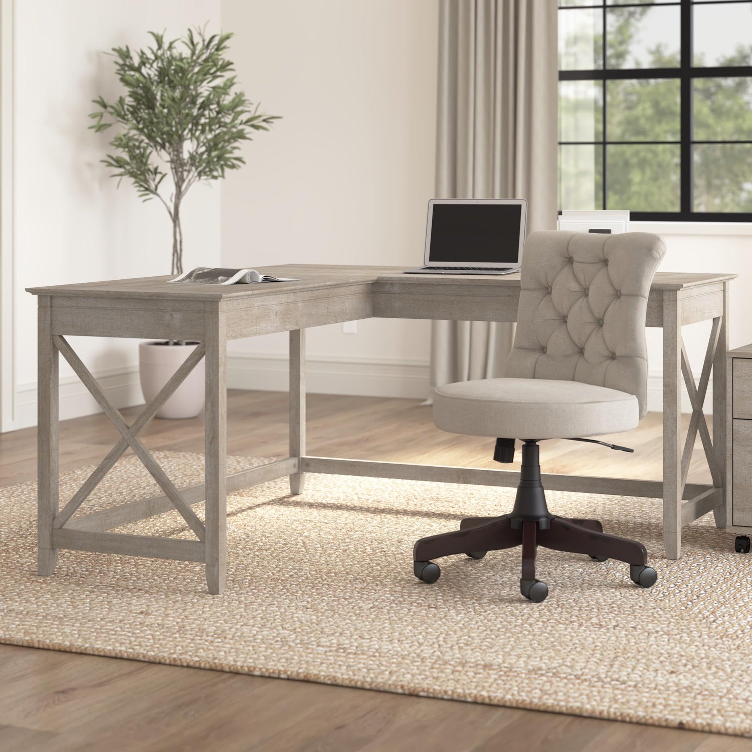 Rustic Key West 60-Inch L-Shaped Desk with Spacious Surface for Home Office Setup
