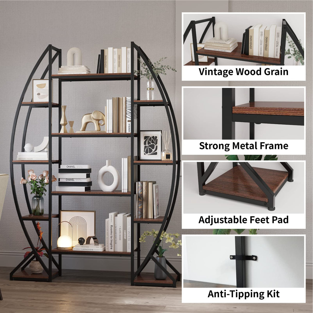 Rustic Wood & Metal Frame Bookshelf Open Storage for Books & Décor