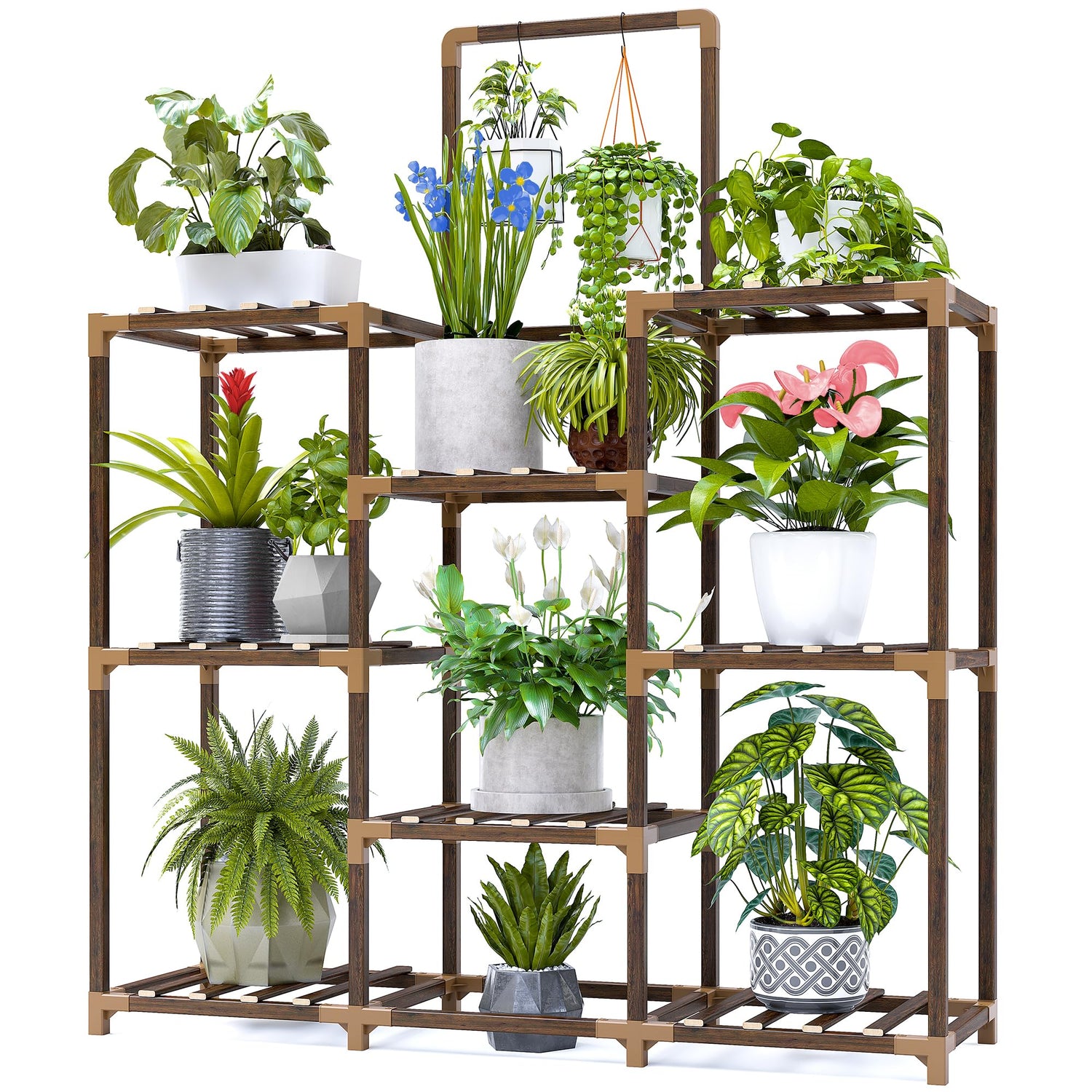 Rustic brown eucalyptus wood plant stand for patio or balcony