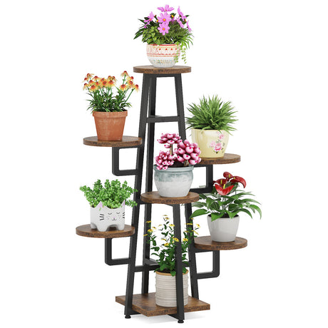 Rustic brown indoor corner plant shelf with LED lighting
