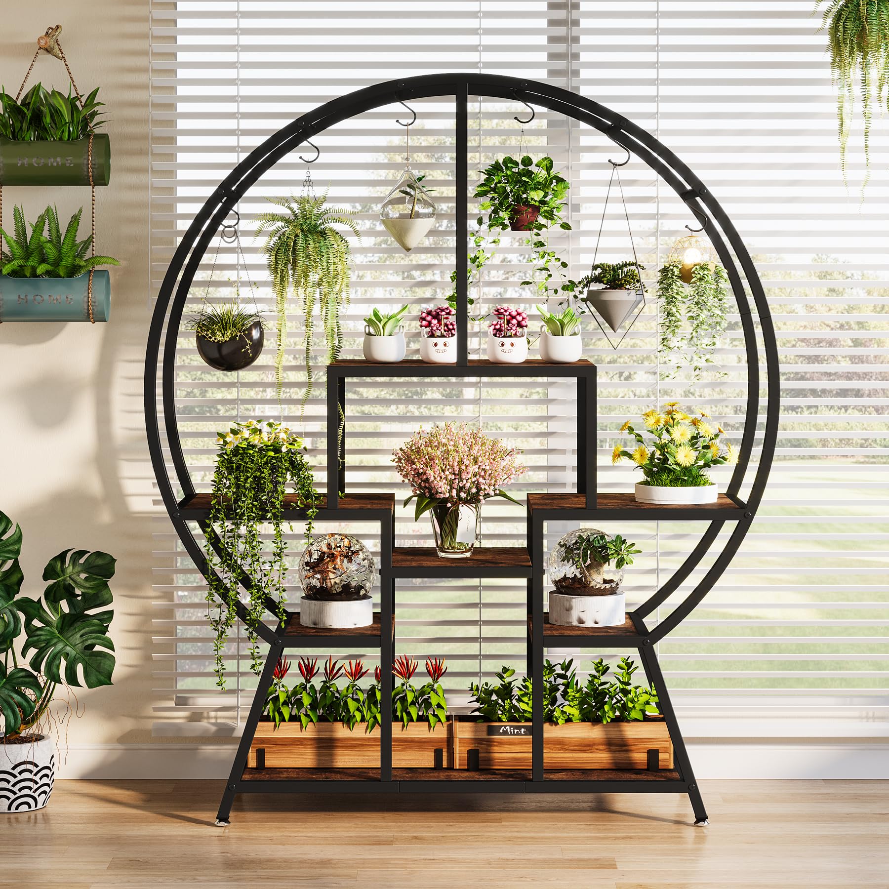 Rustic brown metal plant shelf for stylish indoor gardening