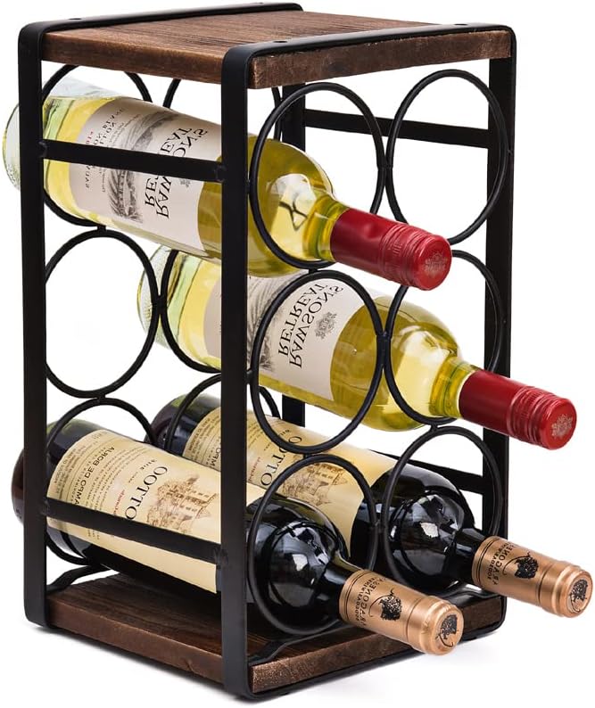 Rustic wood and metal wine rack holding white wine bottles on countertop