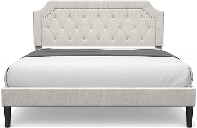 Queen Size Grey Color Bed Frame Upholstered Low Profile Traditional Platform