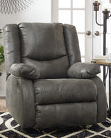 Side Angle of Faux Leather Recliner in Slate with Pull-Tab Recline