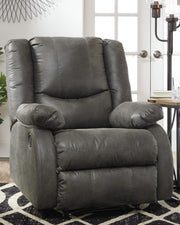 Side Angle of Faux Leather Recliner in Slate with Pull-Tab Recline