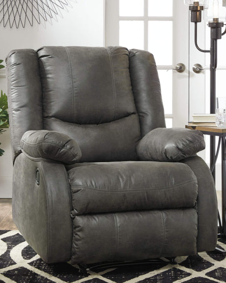 Side Angle of Faux Leather Recliner in Slate with Pull-Tab Recline