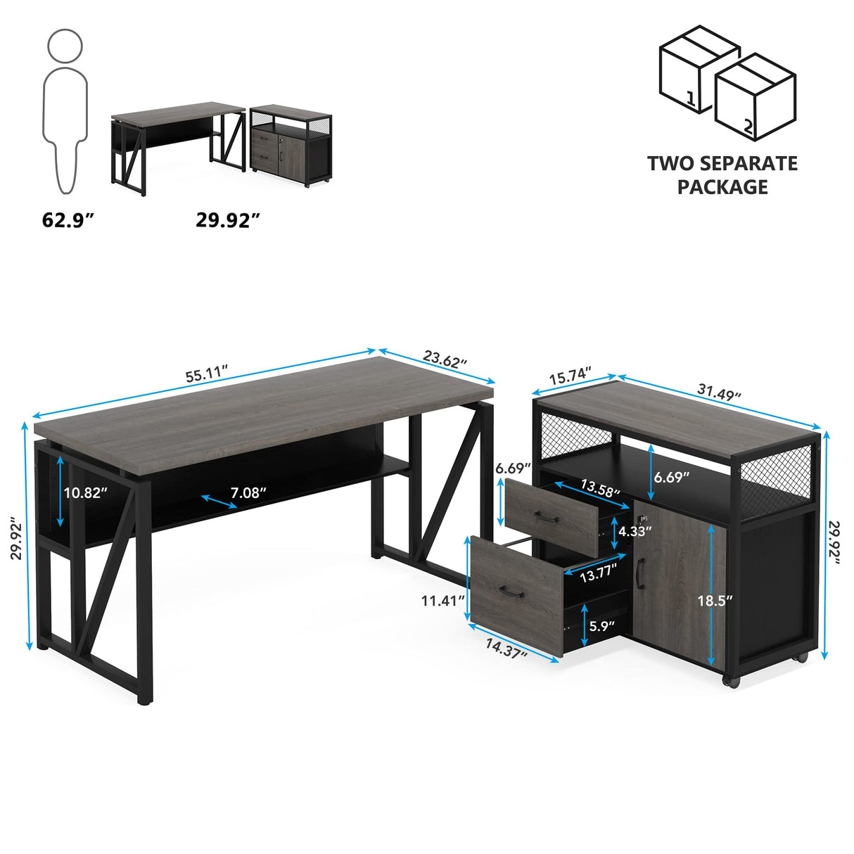 Side View of the Industrial-Style L-Shaped Desk with Sturdy Frame dimension