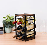 Side view of brown wood and black metal 6-bottle wine rack