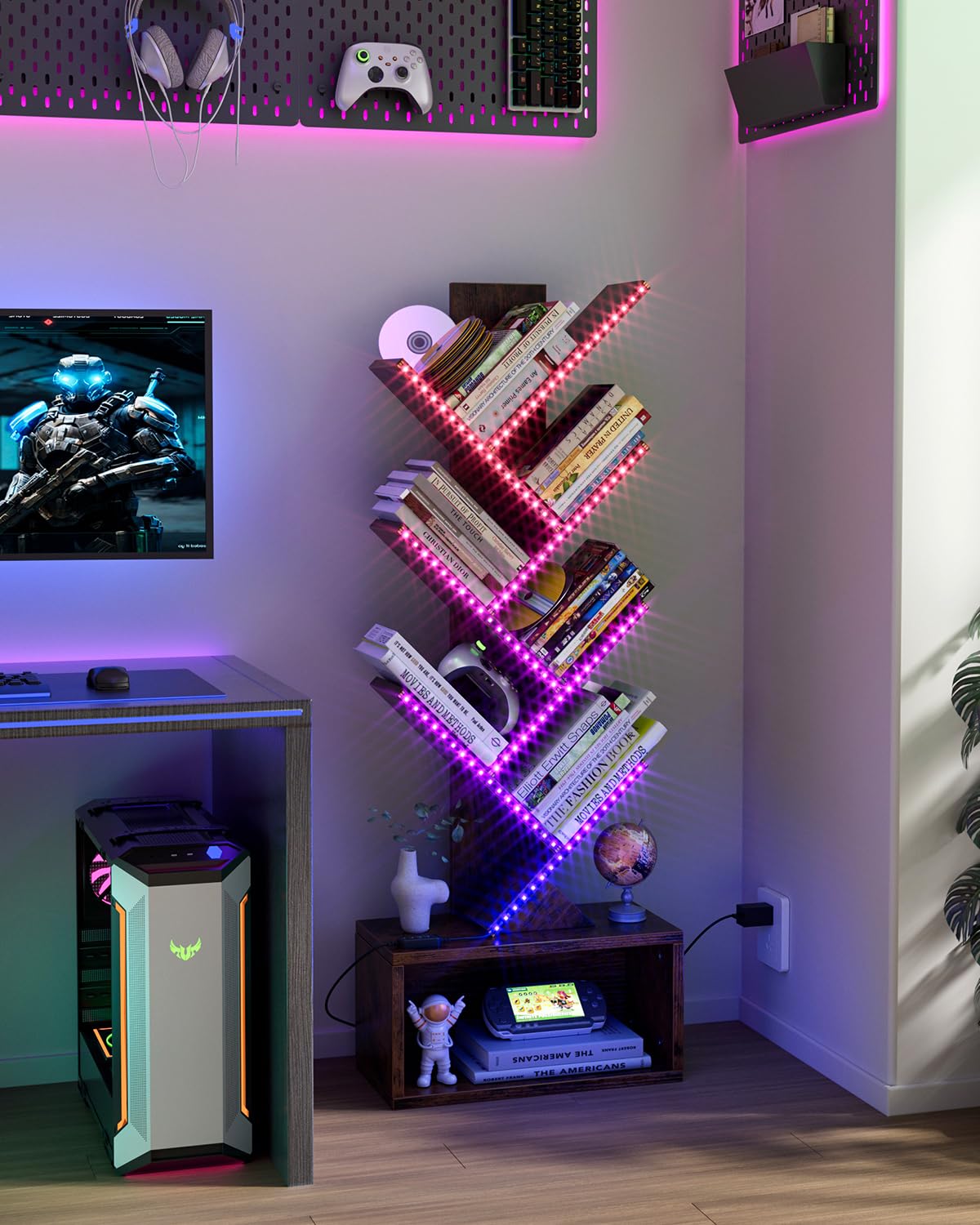 Side view of the LED tree bookshelf in modern room setting