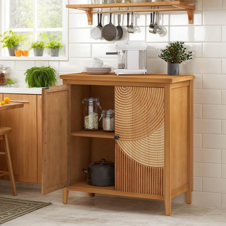 Sideboard Console with Artistic Carved Circles – Neutral Decor Setup