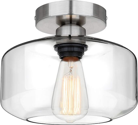 Industrial Semi Flush Mount Ceiling Light, Clear Glass Pendant Lamp Shade