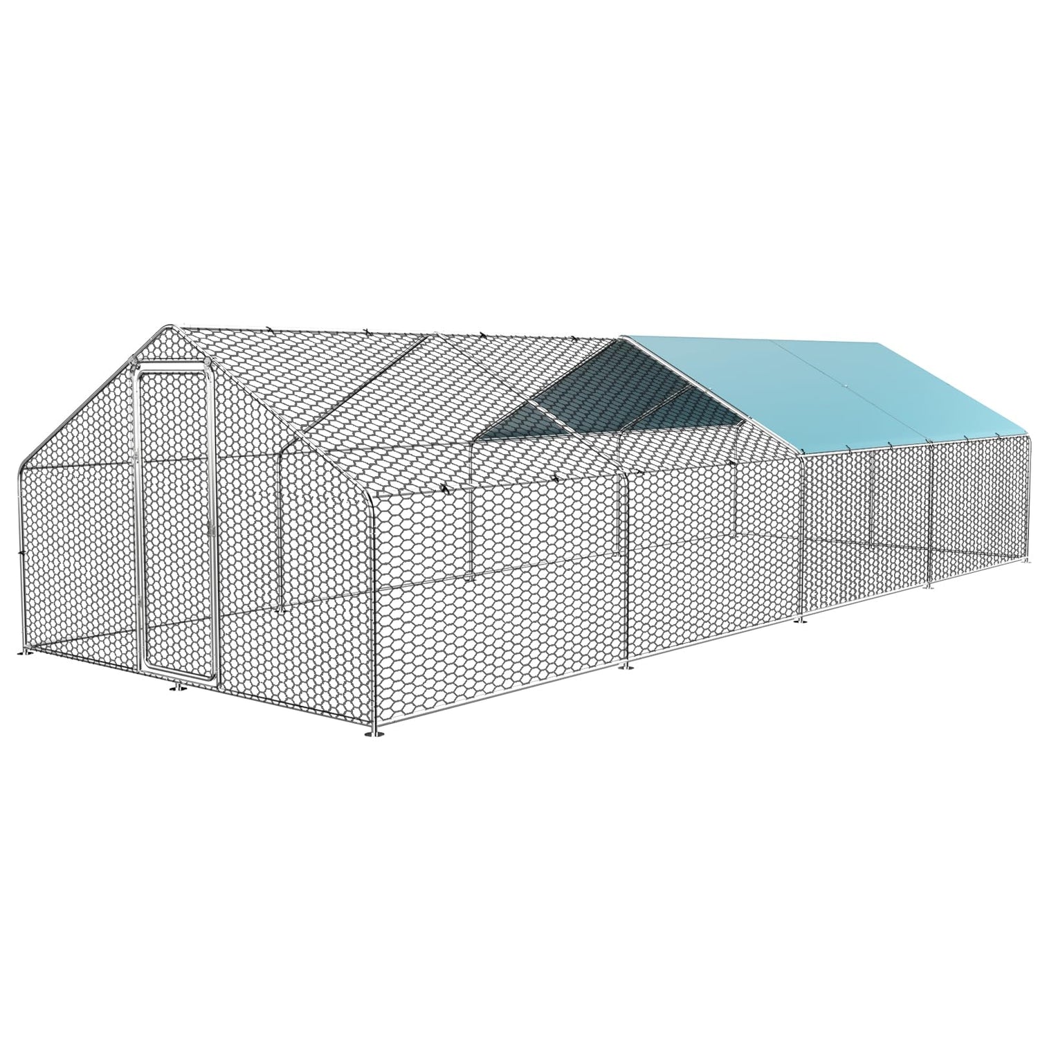SkyVault Pro walk-in metal chicken coop with spire roof and tarp cover