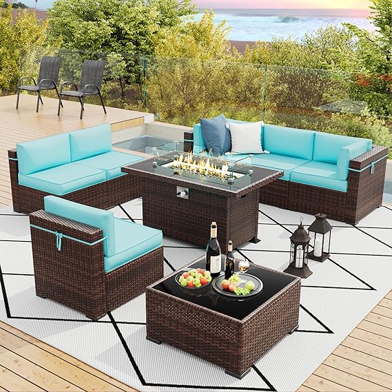 8 Pieces Patio Furniture Set Outdoor with Gas Fire Pit Table