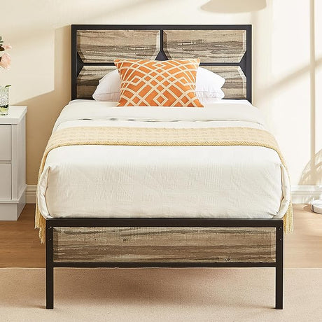 Twin Bed Frame Heavy Duty Metal Platform with Wooden Headboard Footboard Mattress