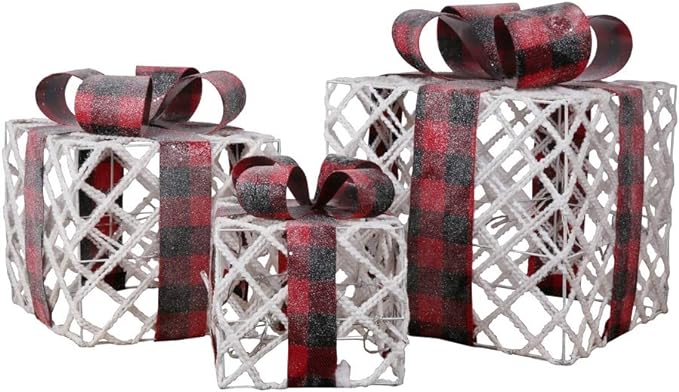 Christmas Set of 3 Pre-lit Gift Present Boxes w/ 60 LED Lights - Indoor/Outdoor Yard/Lawn Use