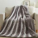 Soft Warm Tan Brown Blue Russian Lynx Faux Fur White Sherpa Bed Blanket