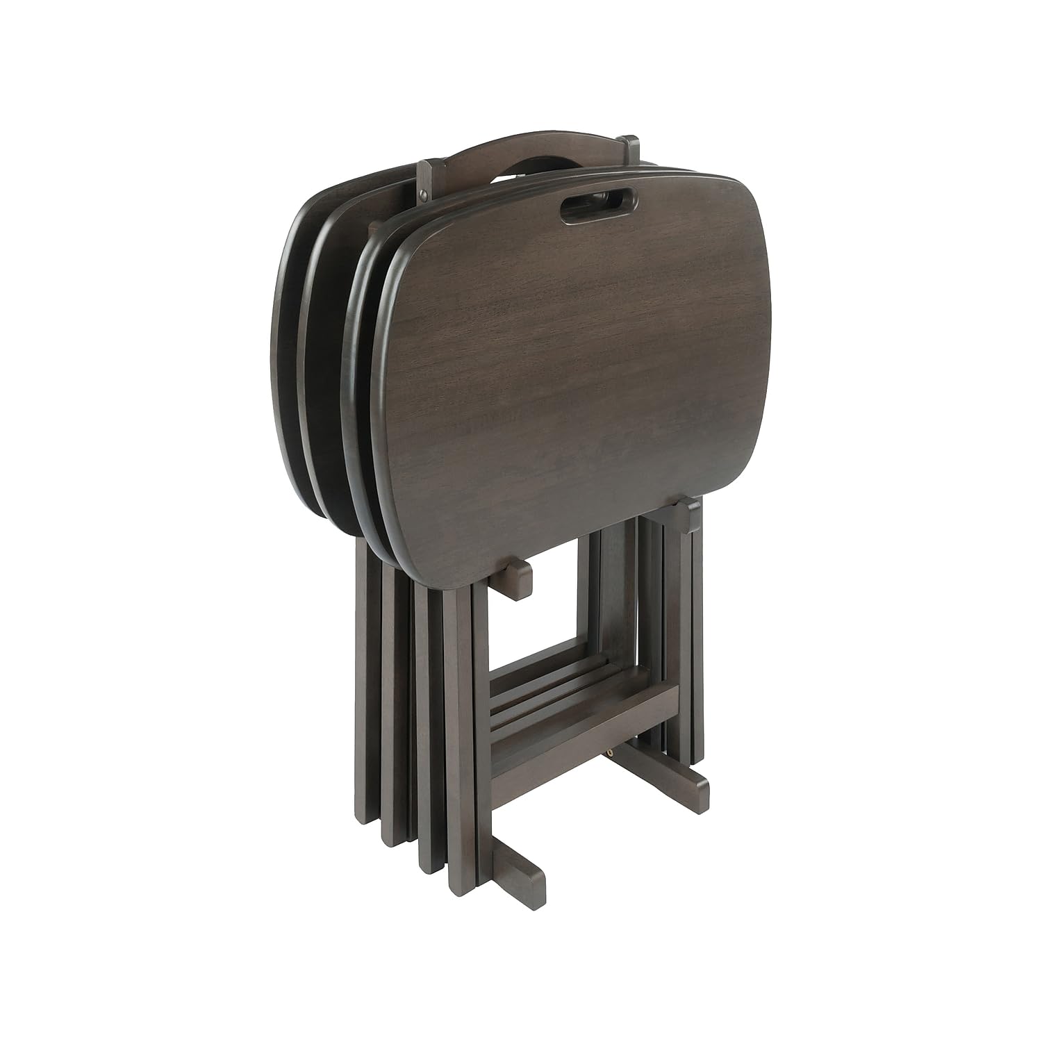 Solid wood folding tray tables in compact storage stand
