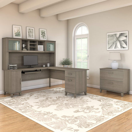 Somerset L-shaped office desk with hutch and file cabinet