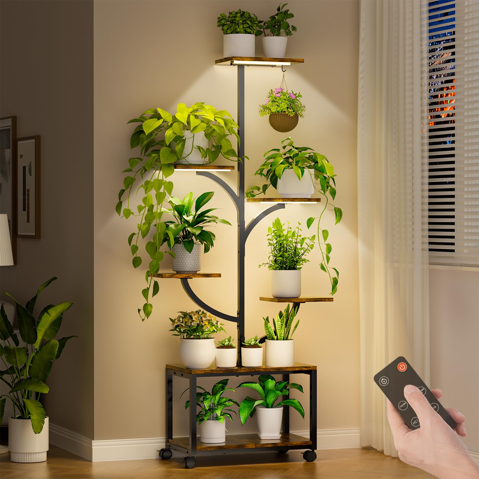 Space-saving plant shelf with built-in grow lights