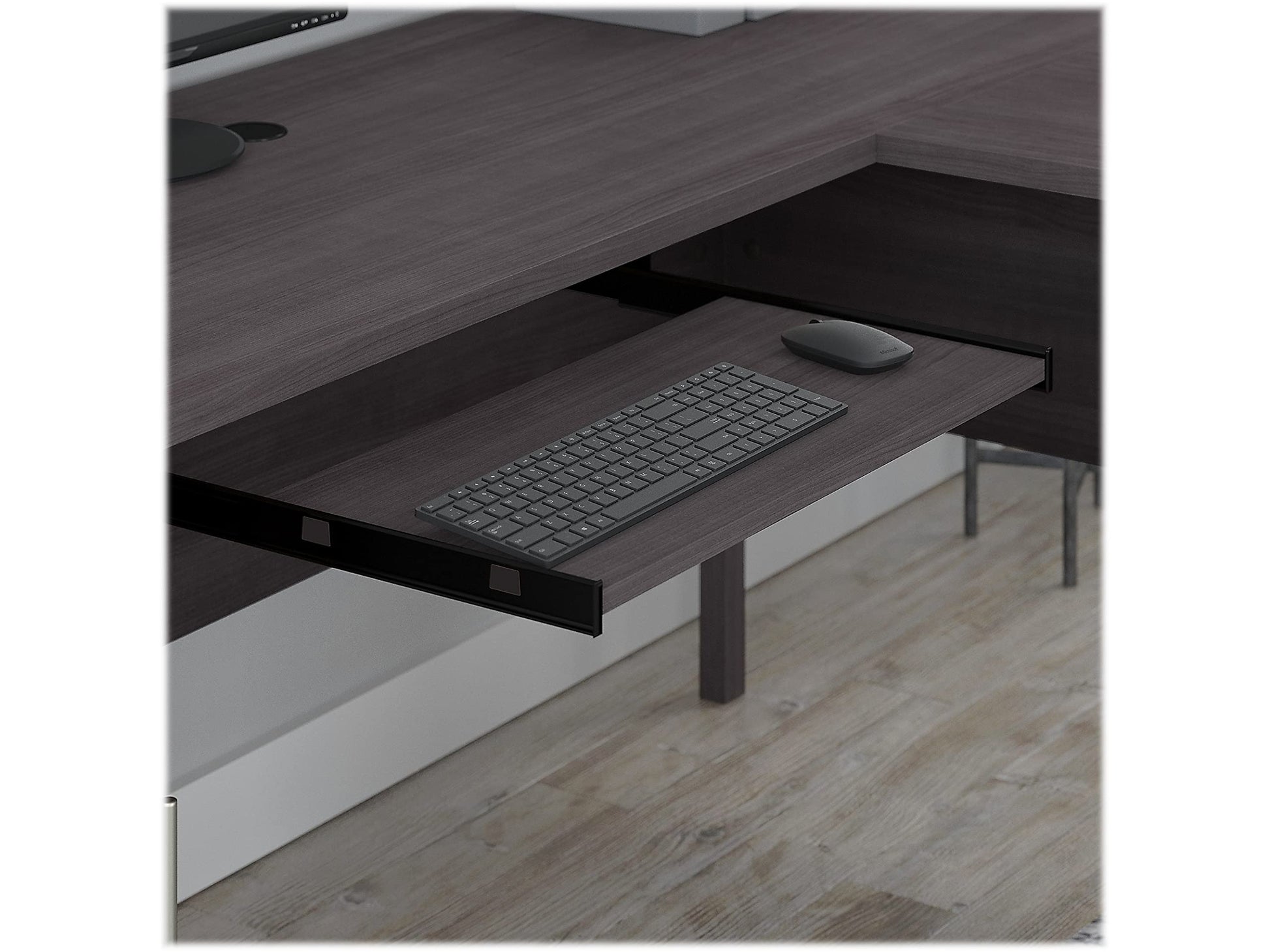 Spacious 72-inch L-shaped desk with built-in storage hutch
