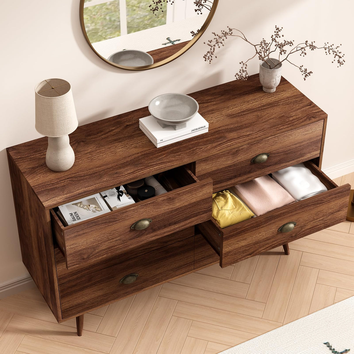Spacious Drawer View - Walnut Brown 6 Drawer Dresser for Clothes & Storage
