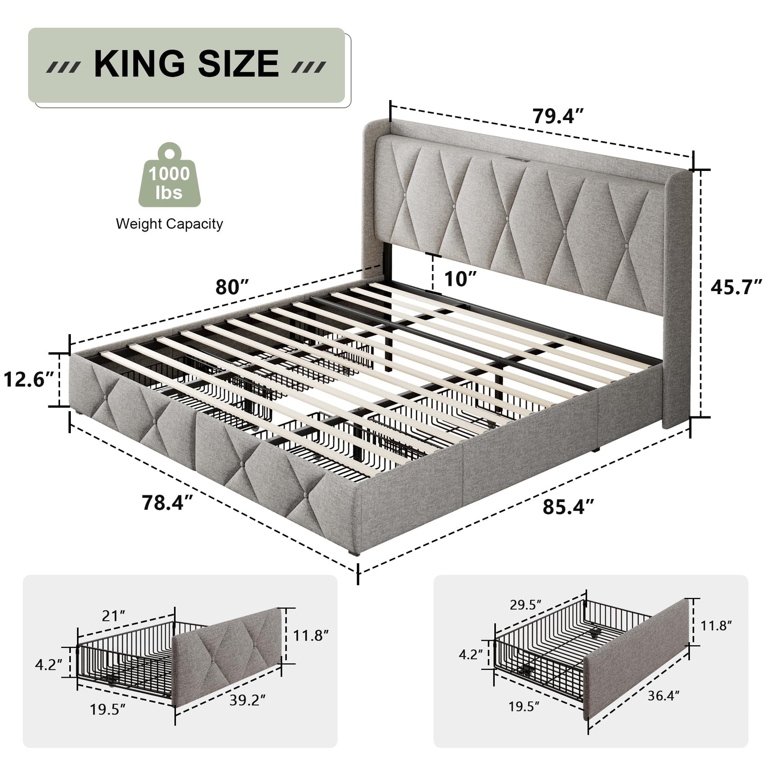 Spacious storage drawers under the RegalNest Luxe King Bed Frame dimesnions