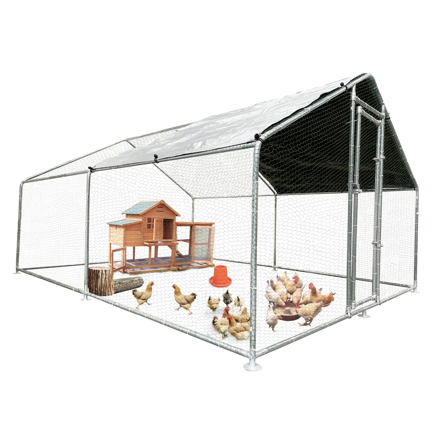 SpireTop™ XL outdoor metal chicken coop with galvanized steel frame, PE tarp roof, and PVC-coated hex wire mesh
