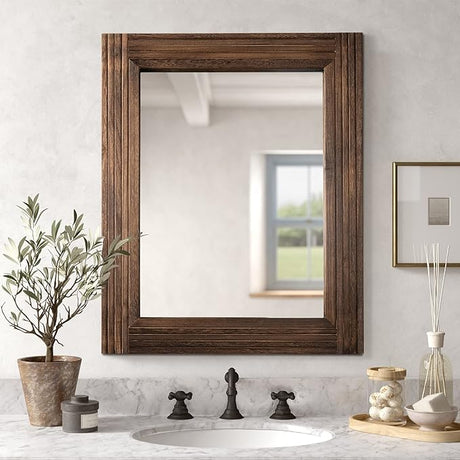 Hand-Made Wooden Spliced Wall Mirror for Bathroom, Rustic Farmhouse Vanity Mirror